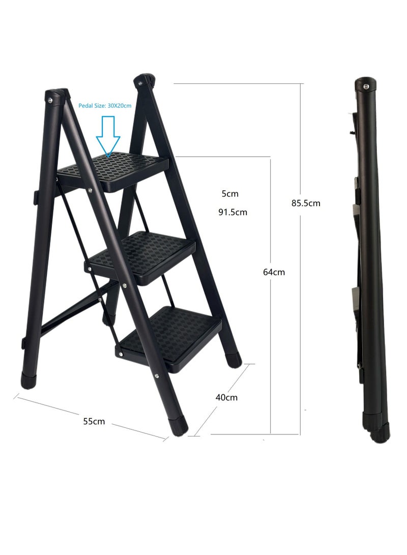 كابجون سلم قابل للطي للاستخدام المنزلي، براز خفيف الوزن قابل للطي مزود بدراسات عريضة غير منزلقة، سلم فولاذي ذي خطوة للمطبخ، المكتب، غرفة النوم (أسود، 3 درجات) - Image 2